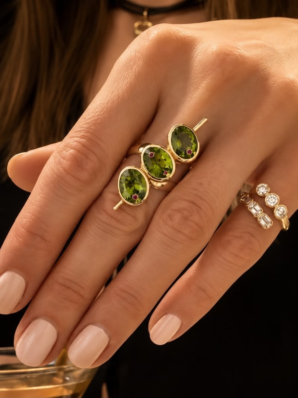Gold Ring with Bright Peridot Trio - Picture 6 of 6